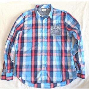 7 Diamonds Blue Red Plaid Shirt Contrast Trim Button Down Men 3XL Americana
